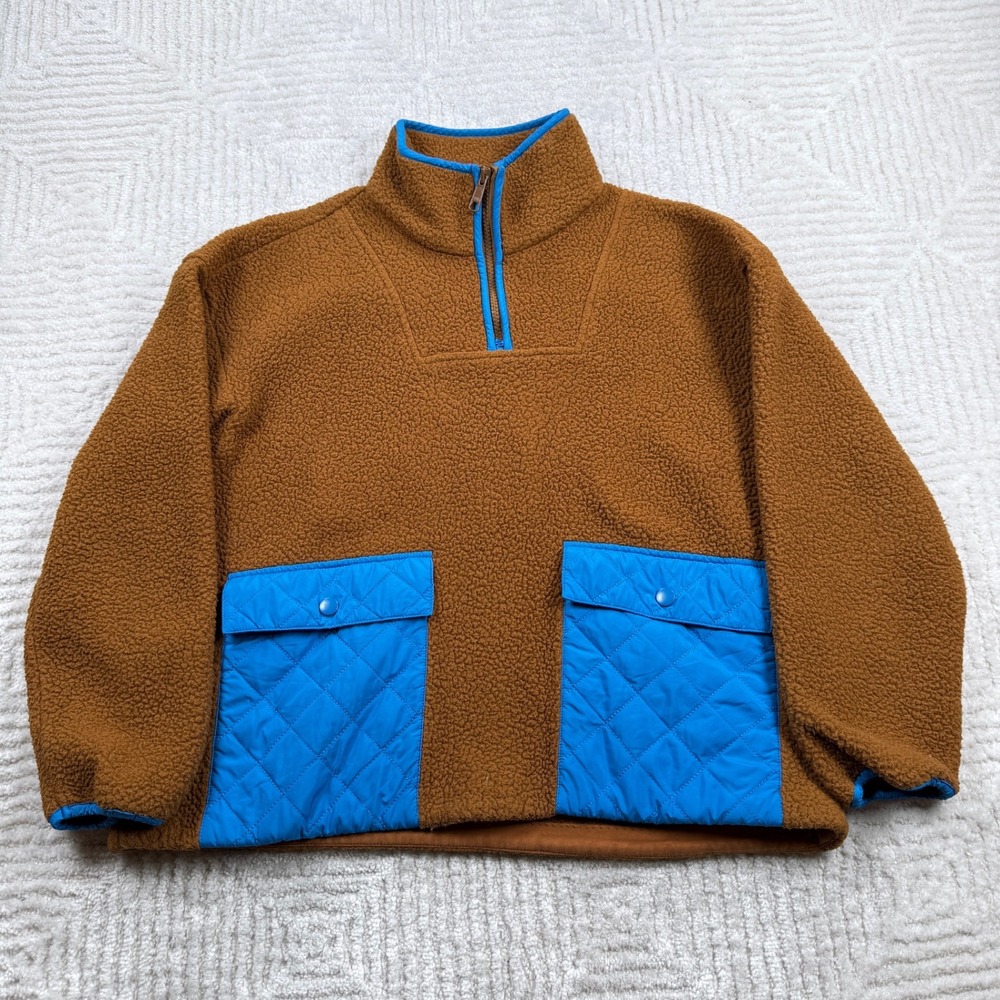 Madewell Sherpa Fleece Half Zip Women's XS Pullover Brown Blue MC240 Teddy Cozy